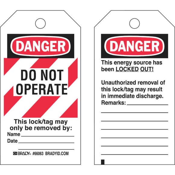 Brady Lockout Tags, Danger: "Do Not Operate" Striped Heavy-Duty Polyester, 5 1/2" x 3", Red/Black/White, 25/Pkg