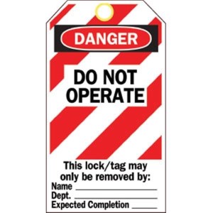 Brady Lockout Tags, Danger: "Do Not Operate Equipment...", Vinyl, 5 1/2" x 3", Red/Black/White, 25/Pkg