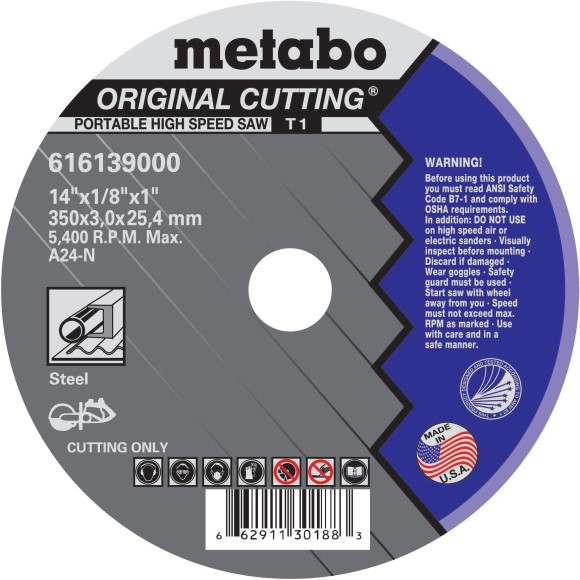 Cutting Wheel, Metabo, 616139000, 14"x 1/8" with 1" Arbor, 10 Blades per Box, Price per 10 Boxes